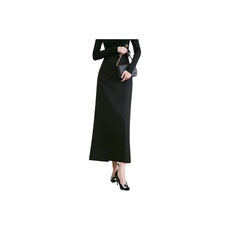 Late White Casual Long Skirts Women's Black-0