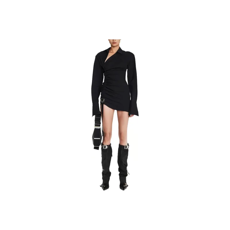 DION LEE SS24 SAFETY SLIDER GATHERED DRESS Long Sleeved Dresses Women's Black-0