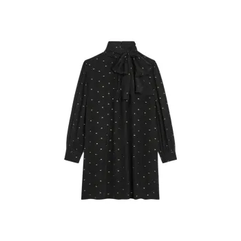 CELINE Babydoll Dress In Silk Georgette Long Sleeved Dress Women's Black