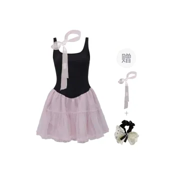 PAVEA Sleeveless Dress Women's Black Pink+Ribbon+Hair Tie Comes With