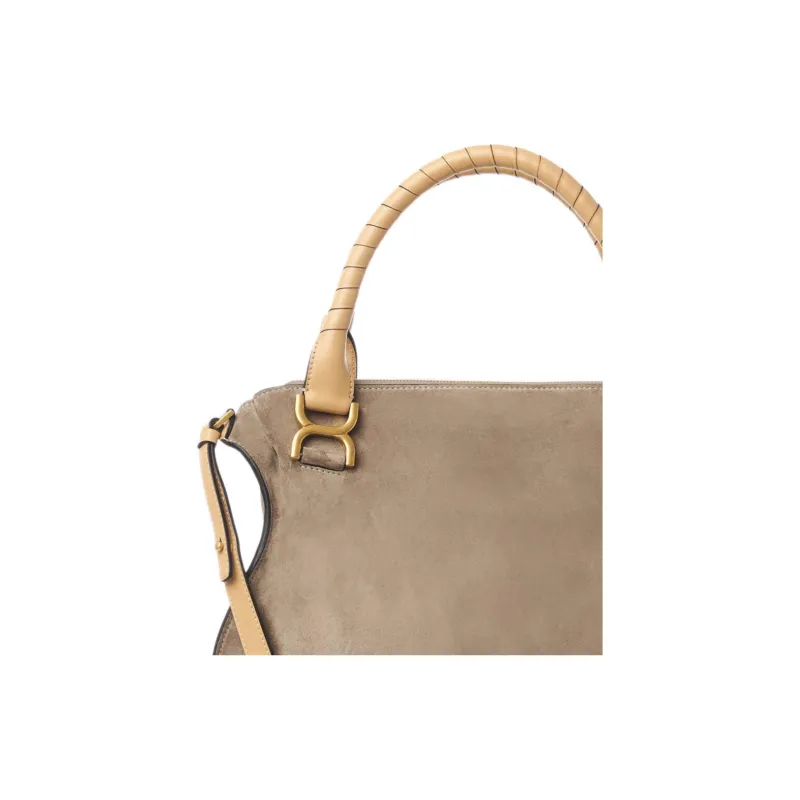Chloe Marcie Suede Laminated Calfskin Shoulder Bag Crossbody Bag Handbag Medium Size Women's Gray-3