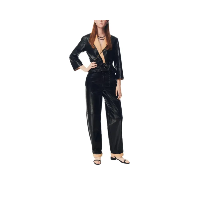 CHANEL Leather Pants Women's Black-0