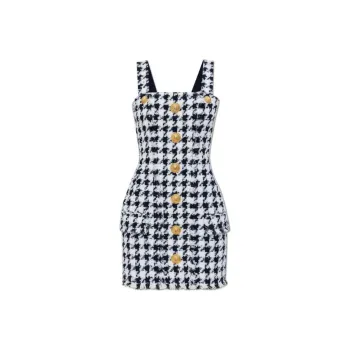 BALMAIN Houndstooth Button Detailed Tweed Dress
