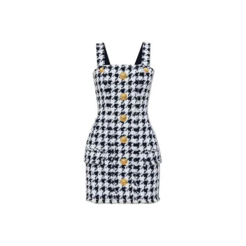 BALMAIN Houndstooth Button Detailed Tweed Dress