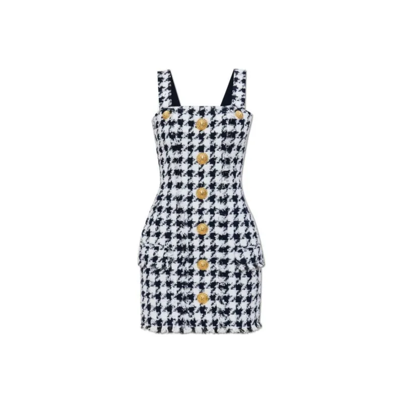 BALMAIN Houndstooth Button Detailed Tweed Dress-0