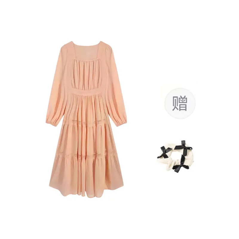 XUOIZA Long Sleeved Dress Women's Nude Pink Comes With Bowknot Hair Tie-0