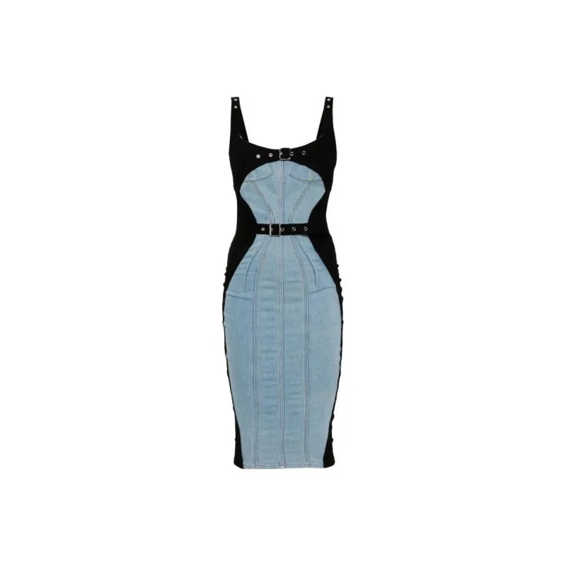 Mugler Bi Color Buckled Denim Dress-0