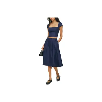 REFORMATION Savannah Linen Two Piece Skirt Set Women's Dark Blue