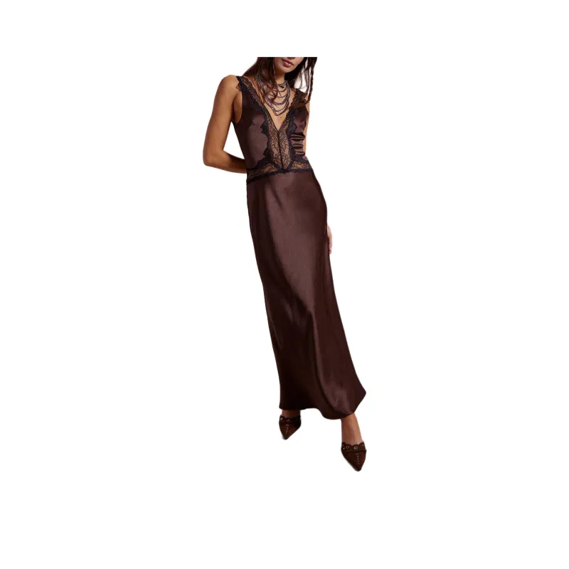 BEC+BRIDGE Allegra Lace Trim Dress Slip Dresses Women's Dark Chocolate Combo/Dark Chocolate Combination-0