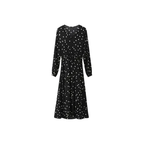 NINE WEST Long Sleeved Dresses Women's Black Base With White Dots