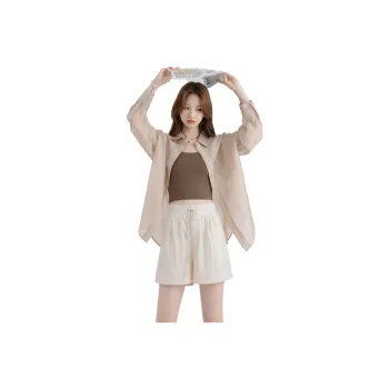 OYANXI Casual Suits Women's Apricot Shirt+Khaki Shorts