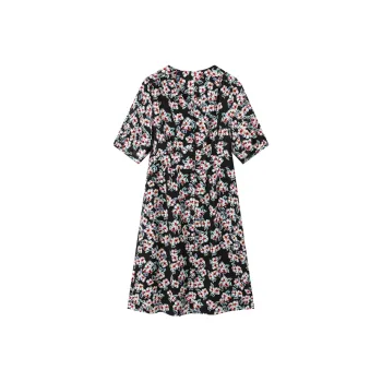 H YXIANG Short Sleeved Dresses Women's Black Background With Flowers