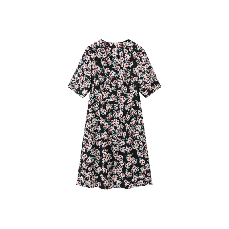 H-YXIANG Short-Sleeved Dresses Women's Black Background With Flowers-0