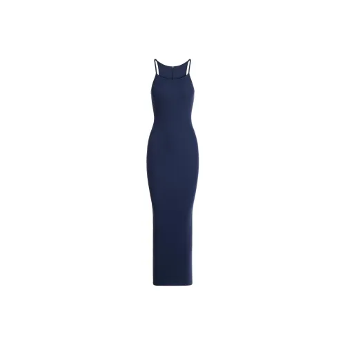 SKIMS SS25 COTTON RIB LONG CAMI DRESS Slip Dresses Women's NAVY/Marine Blue