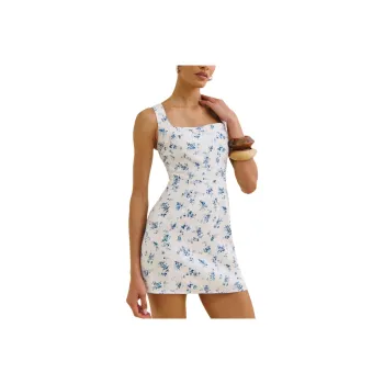 REFORMATION Celosia Linen Dress Slip Dress Women's White With Blue Floral