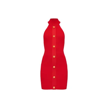 BALMAIN Off Shoulder Button-Detailed Mini Dress