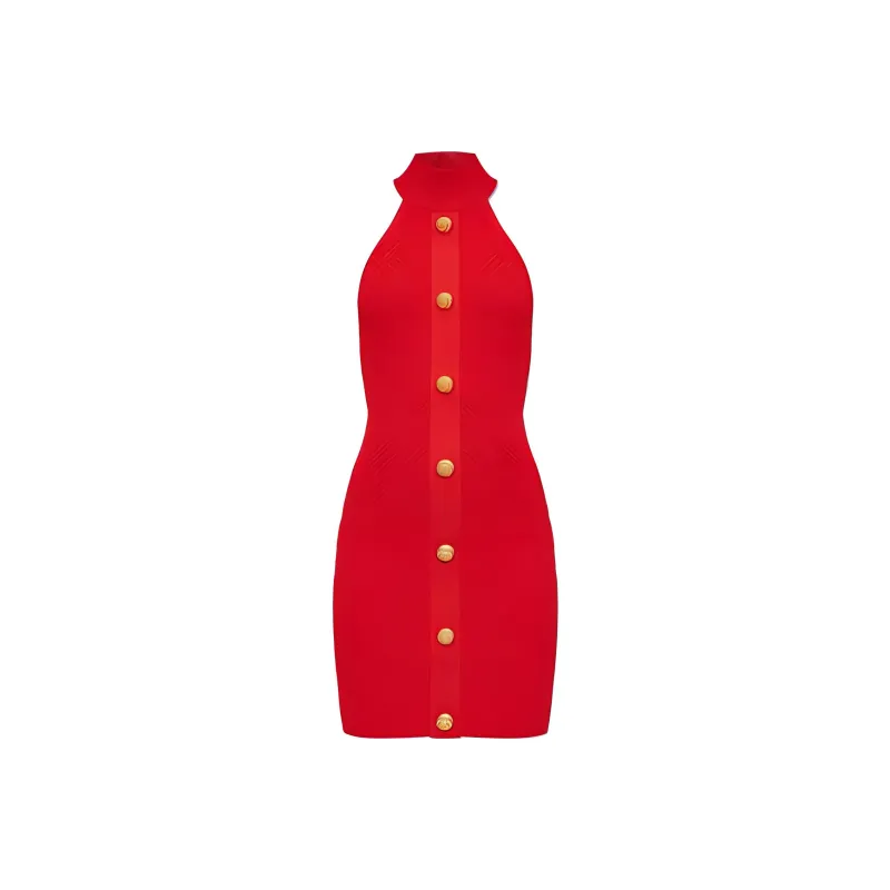 BALMAIN Off Shoulder Button-Detailed Mini Dress-0