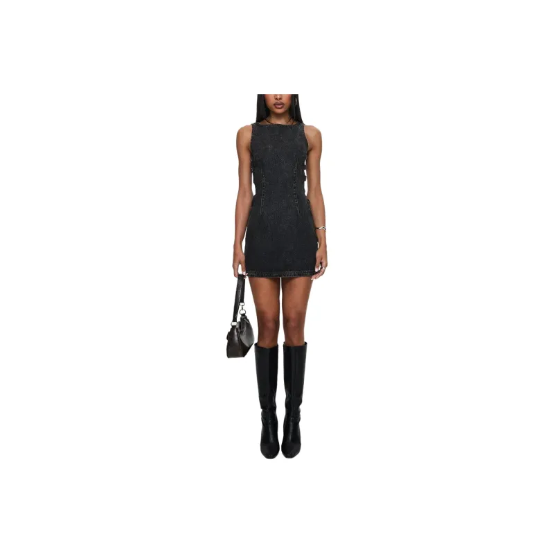 PRINCESS POLLY CHATTER BUCKLE SIDE DENIM MINI DRESS Sleeveless Dress Women's CHARCOAL/Charcoal Gray-0