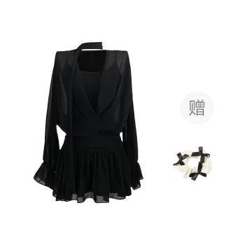 XUOIZA Long Sleeved Dress Women's Black+Bowknot Hair Tie Comes With