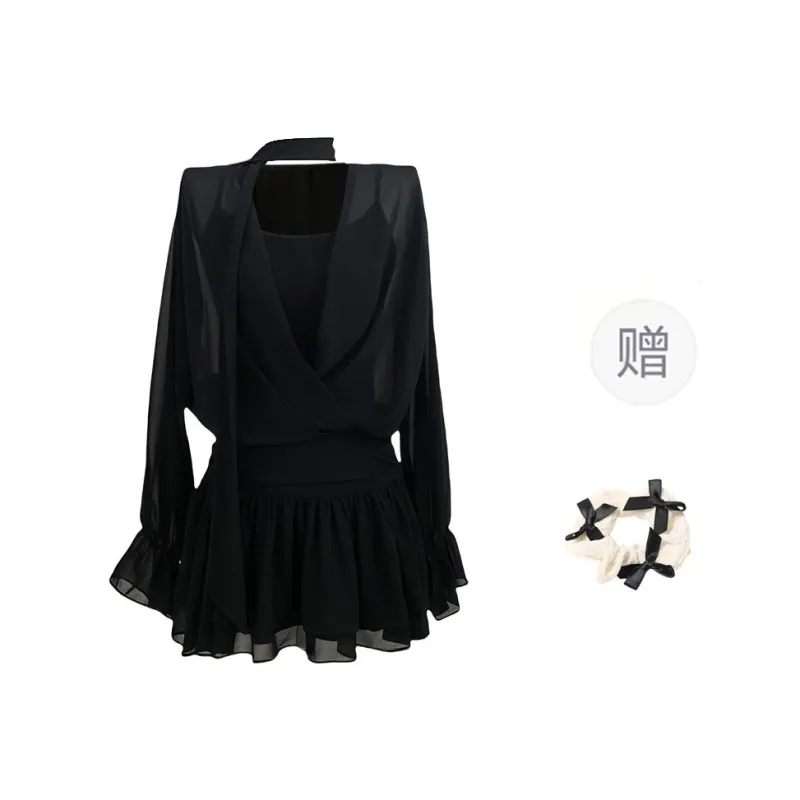 XUOIZA Long Sleeved Dress Women's Black+Bowknot Hair Tie Comes With-0