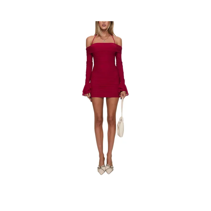 PRINCESS POLLY TAYLON OFF THE SHOULDER MINI DRESS Long Sleeved Dress Women's RED/Red-0