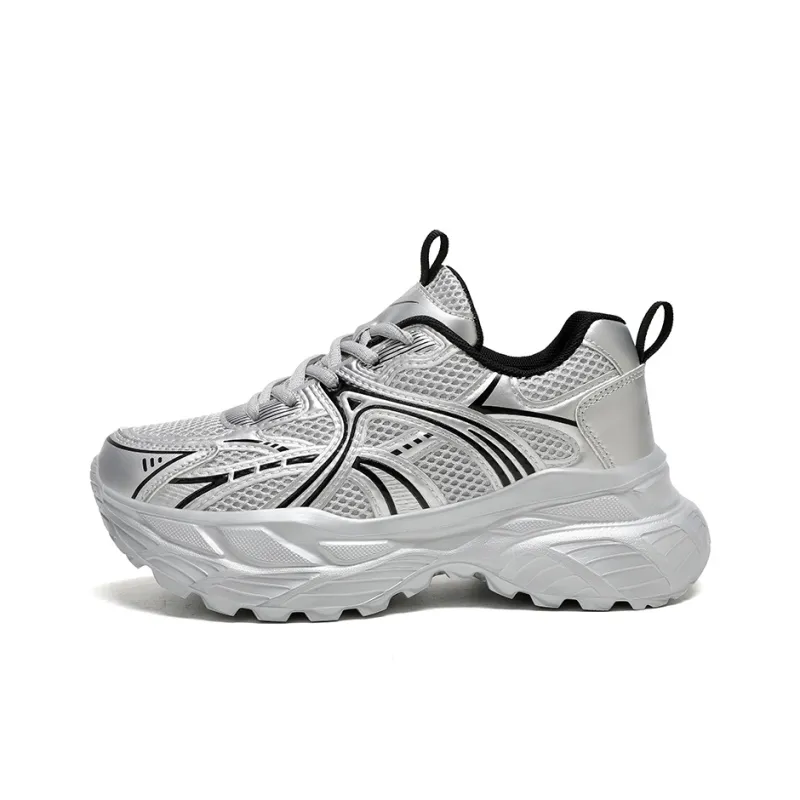 Binary Height Increasing Abrasion Resistant Breathable Low Top Chunky Sneakers Women's Silver-0