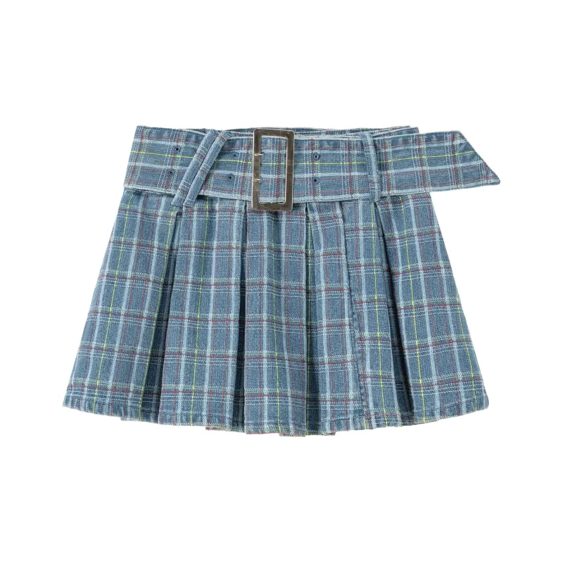 CHUU Casual Short Skirts Women's Blue Plaid-0