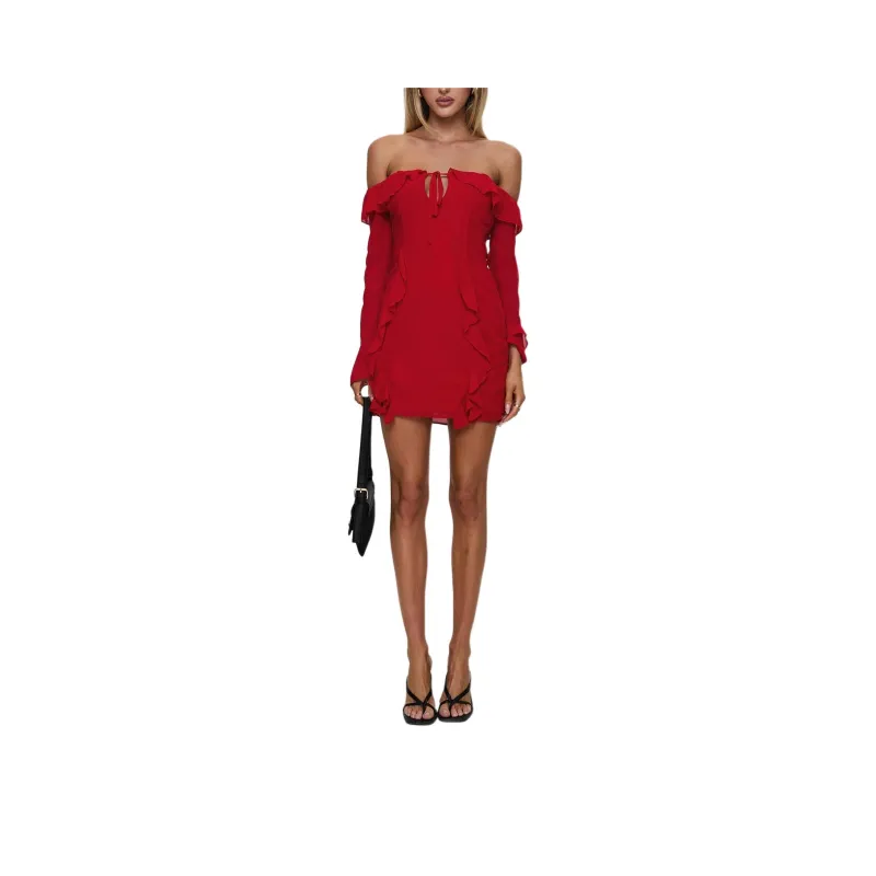 PRINCESS POLLY Mollins Long Sleeve Mini Dress Long Sleeved Dress Women's RED/Red-0