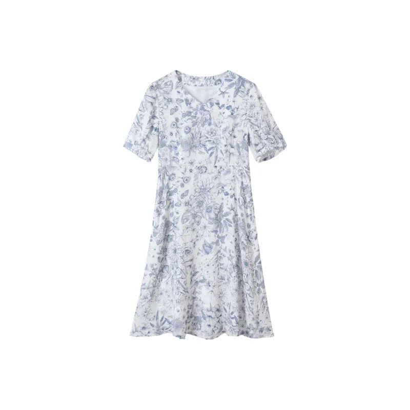 H YXIANG Short Sleeved Dresses Women's Blue Floral-0
