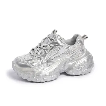 SUPEREDGE Slip Resistant And Abrasion Resistant Coverage Low Top Chunky Sneakers Women's Silver