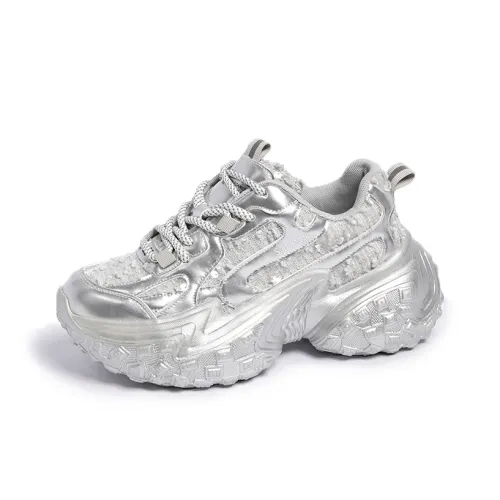 SUPEREDGE Slip Resistant And Abrasion Resistant Coverage Low Top Chunky Sneakers Women's Silver
