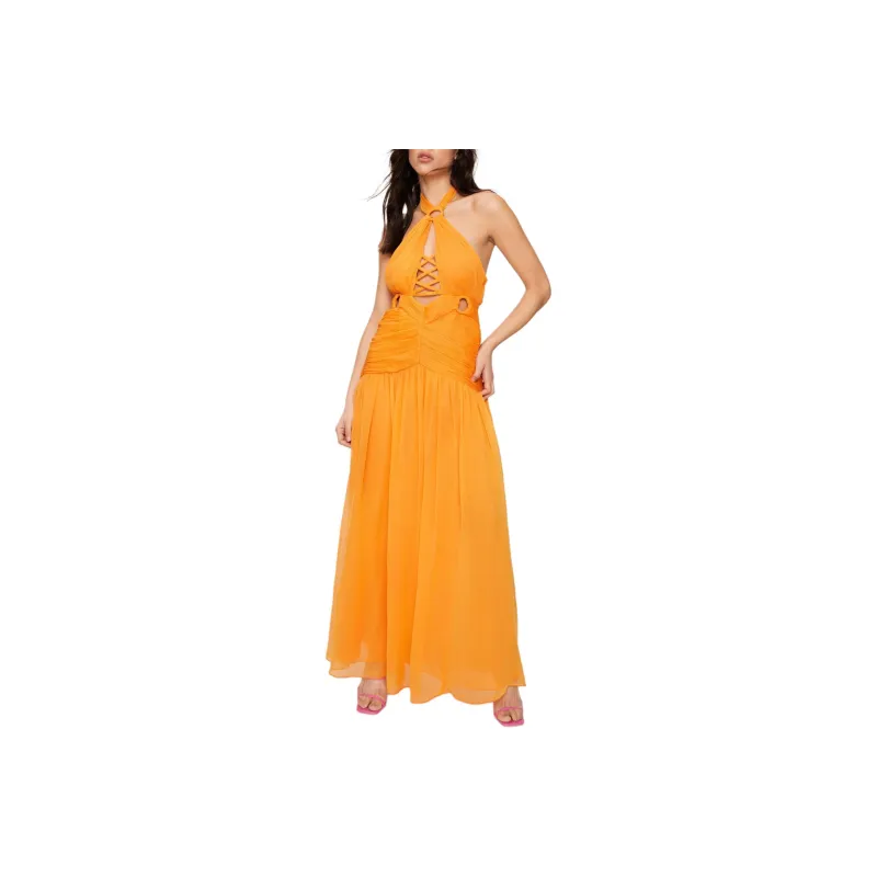 NASTY GAL O Ring Lace Up Maxi Dress Sleeveless Dress Women's Orange-0