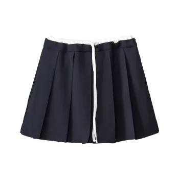 Fstudio A Line Drawstring Color Block Pleated Casual Short Skirts Women's Navy Blue