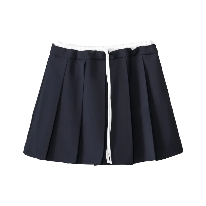 Fstudio A Line Drawstring Color Block Pleated Casual Short Skirts Women's Navy Blue-0