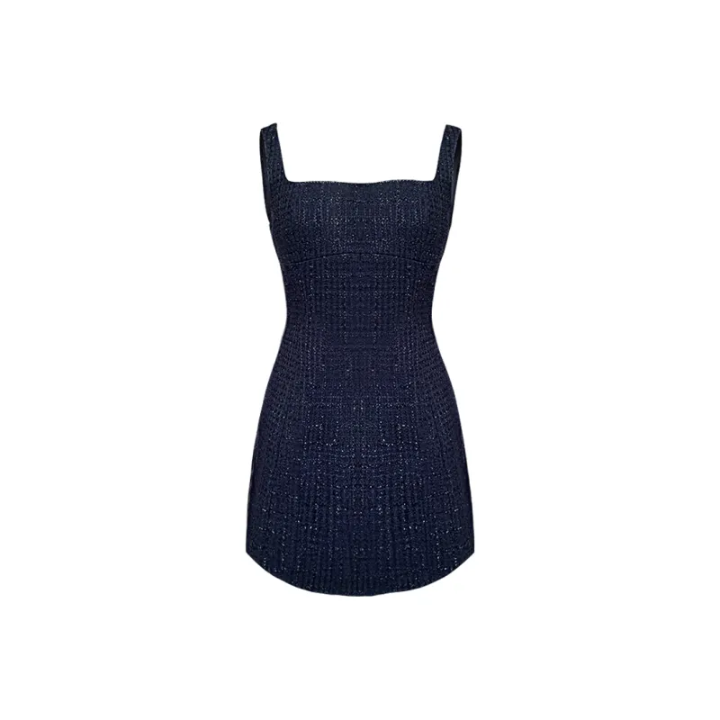 Girly Fancy Club Sleeveless Dress Women's Shimmering Silk Navy Blue-0