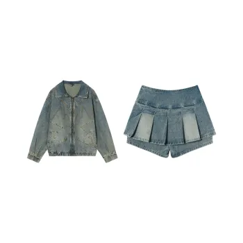 MEETLADY Skirt Set Women's Denim Blue