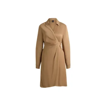 HUGO BOSS Wrap-Front Dress With Collar Detail Long-Sleeved Dresses Women's Light Brown
