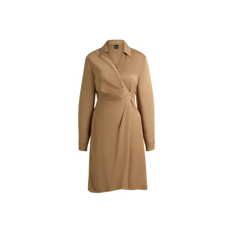 HUGO BOSS Wrap-Front Dress With Collar Detail Long-Sleeved Dresses Women's Light Brown-0
