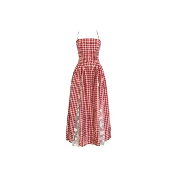 DOKZB Slip Dress Women's Red White Plaid