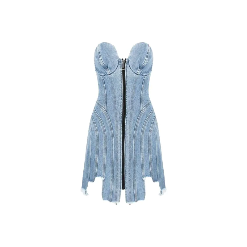 NATASHA ZINKO Asymmetric hem Denim Mini Dress-0