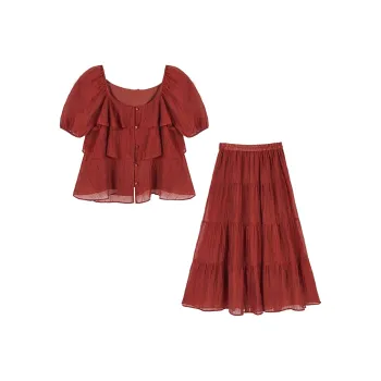 XIANGYING Skirt Set Women's Dark Red