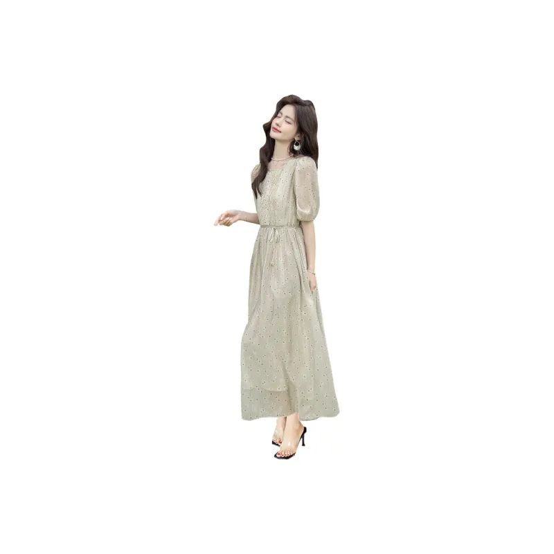 Cypress House Short Sleeved Dress Women's Beige Gray Base With Floral Pattern-0
