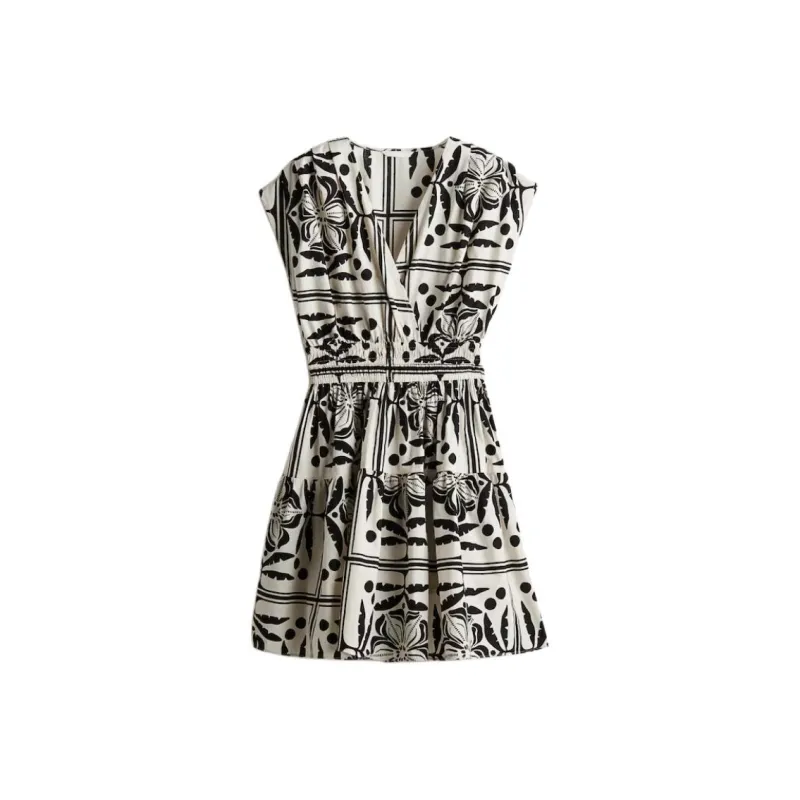 H&M Sleeveless Dress Women's Cream/Black Pattern-0
