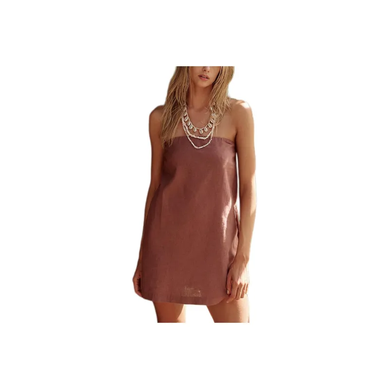 FREE PEOPLE Essentially The Best Cotton-Linen Mini Sleeveless Dress Women's Antique Oak-0