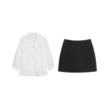 Aghr Two Piece Skirt Sets Women's White Shirt+Black Short Skirt
