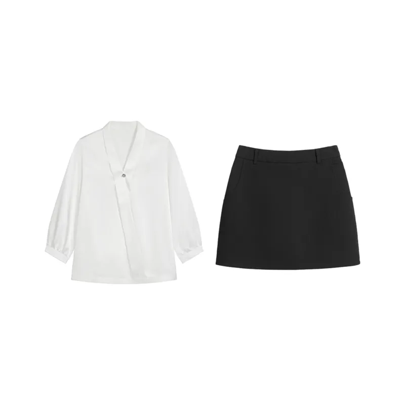 Aghr Two Piece Skirt Sets Women's White Shirt+Black Short Skirt-0