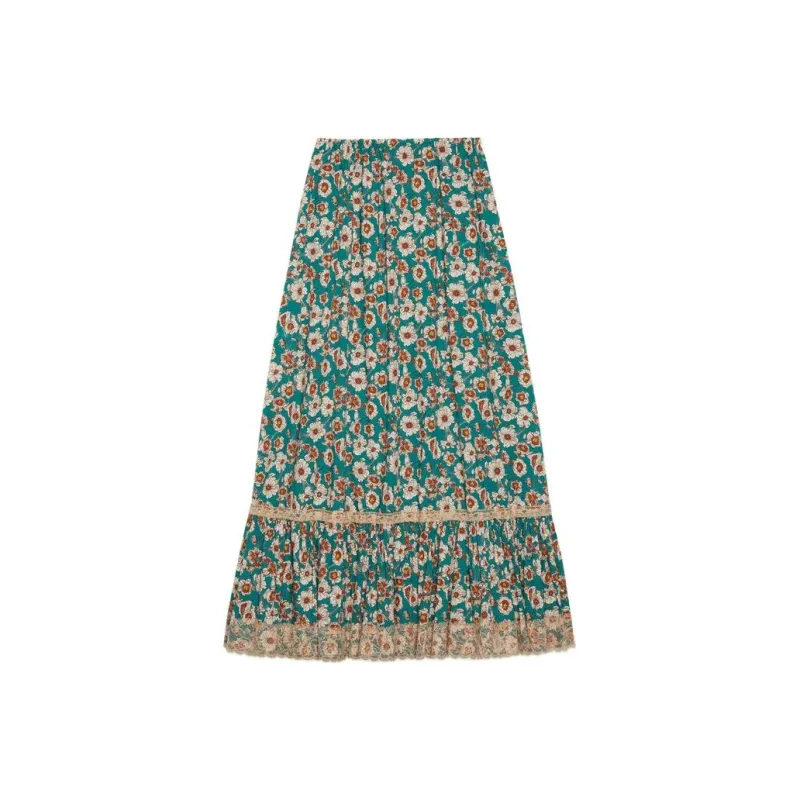 GUCCI Lace Trimmed Floral Maxi Skirt Blue-0