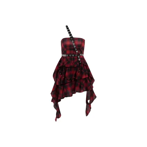 SECFLY OFFICIAL Sleeveless Dress Women's Red Black Plaid