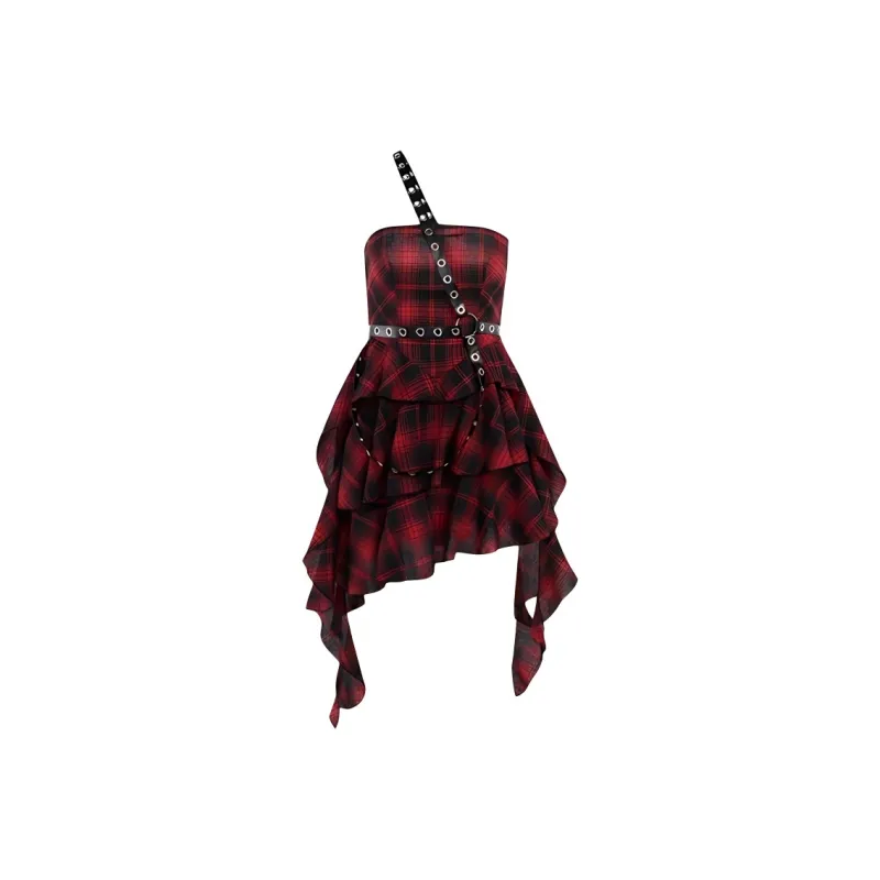 SECFLY OFFICIAL Sleeveless Dress Women's Red Black Plaid-0