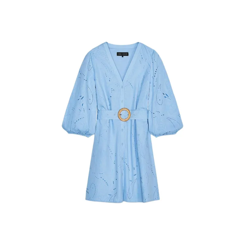 ZARA Long Sleeved Dresses Women's Sky Blue-0